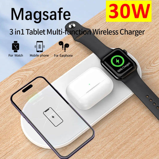 3 in 1 30W Wireless Charger Pad Stand For iPhone 15 14 13 12 8 XS Apple Watch iWatch 8 7 6 5 Airprods Fast Charging Dock Station