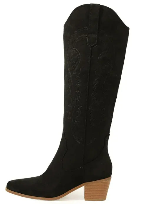 Chunky Heel Knee-high Embroidery Slip-on Middle Boots