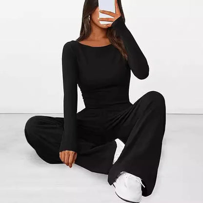 Casual Suit Long-sleeved T-shirt Wide-leg Pants 2 Pieces Set