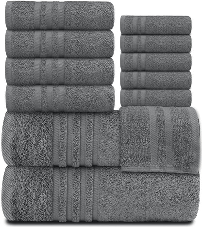 12 Pcs Set Bath Hand Towels 100% Cotton Soft  Plush Highly Absorbent Quick Gray