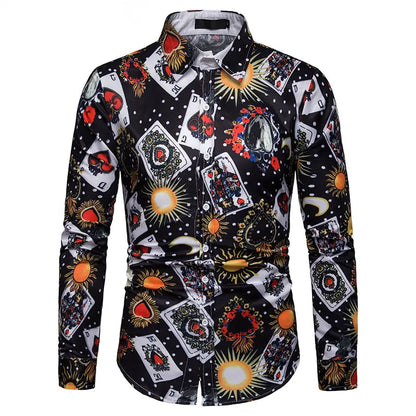 Men Playing Cards Printed Turn Collar long sleeves