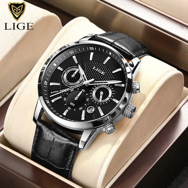 New Mens Watches LIGE Top Brand Luxury Leather Casual Quartz