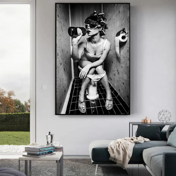 Artistic Canvas Poster of Woman Sitting on Toilet and Drinking Beer