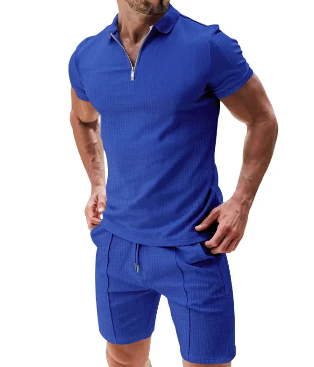 Men's 2-Piece Waffle Zip Polo & Drawstring Shorts Set