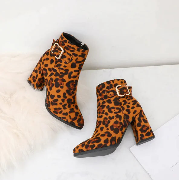 Leopard Print Chunky Heel Boots