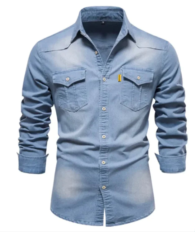 New Denim Men's Casual Solid Color Long Sleeve Shirt