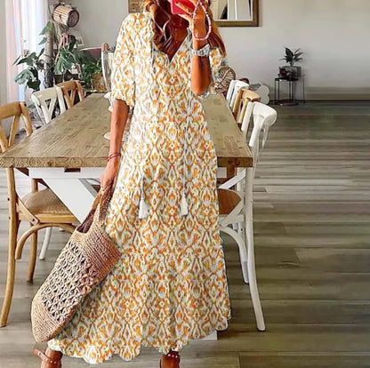 Bohemian V-Neck Long Sleeve Midi Dress for Women