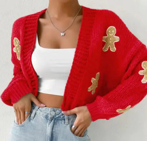 Christmas Embroidery Pattern Knitted Cardigan