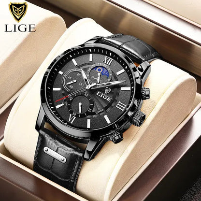 New Mens Watches LIGE Top Brand Luxury Leather Casual Quartz