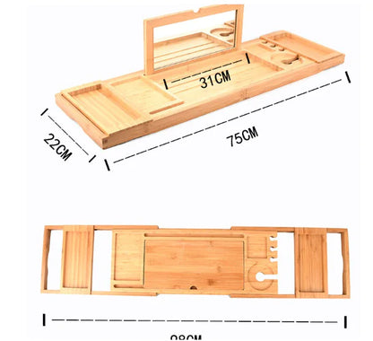 Wooden Bathroom Tray Stretchable Reading Rack Tablet Computer Stand Storage Box