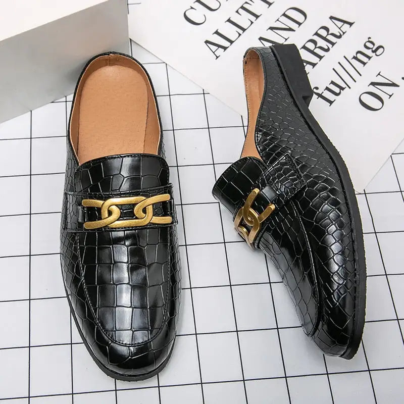 Crocodile Pattern Leather Mules Slippers for Men