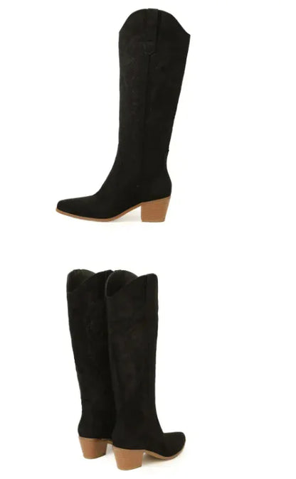 Chunky Heel Knee-high Embroidery Slip-on Middle Boots