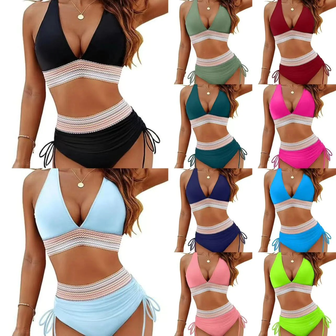 Bikini Set With Color Blocking Drawstring Swimsuit