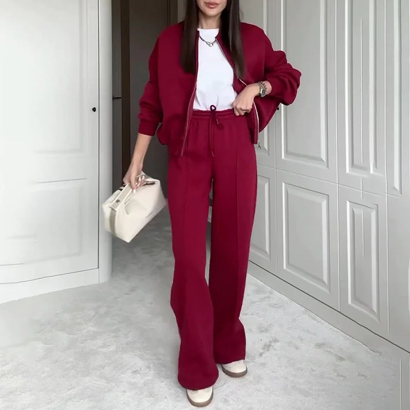 BASIC Solid Color Zip Sweater and Trousers Suit for Women 2 Piece Set