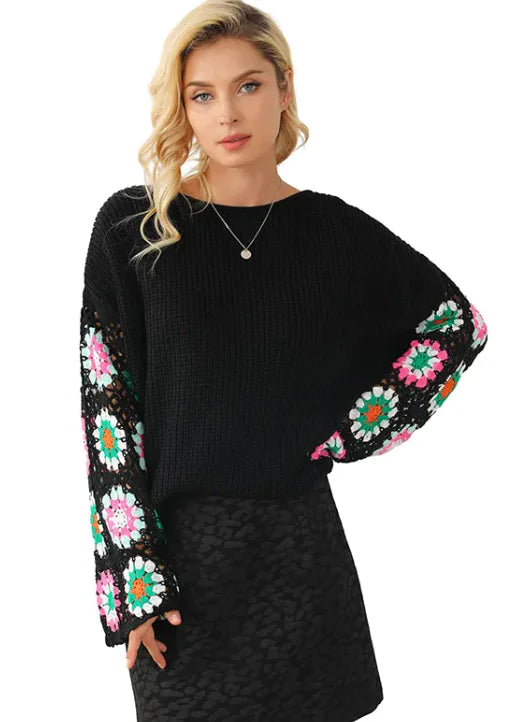 Women's Casual Loose Floral Crochet Knitted Sweater