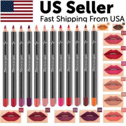 12Pcs Women Waterproof Lipstick Long Lasting Matte Lip Liner Pencil Lip Pen Set