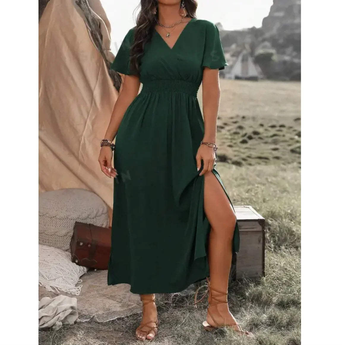 V-Neck Bell Sleeve Slit Long Dress