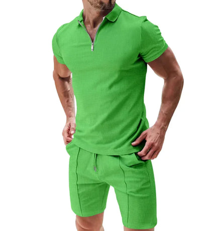 Men's 2-Piece Waffle Zip Polo & Drawstring Shorts Set