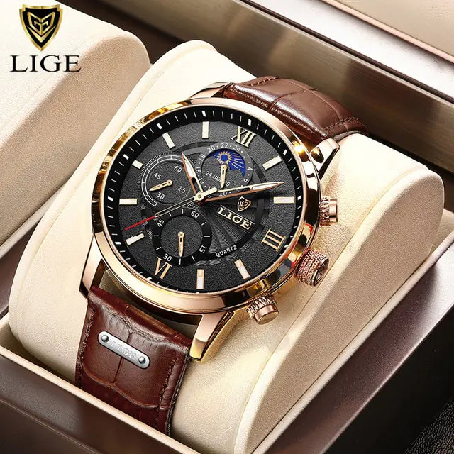 New Mens Watches LIGE Top Brand Luxury Leather Casual Quartz