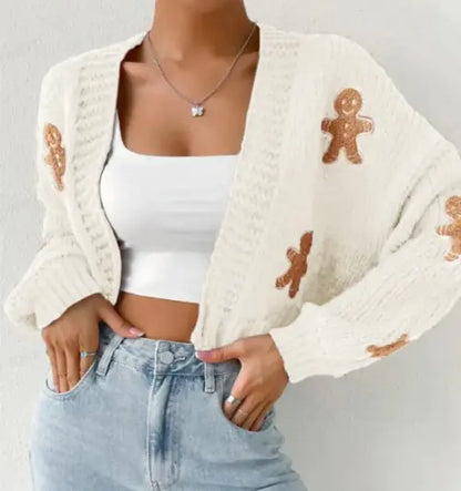 Christmas Embroidery Pattern Knitted Cardigan