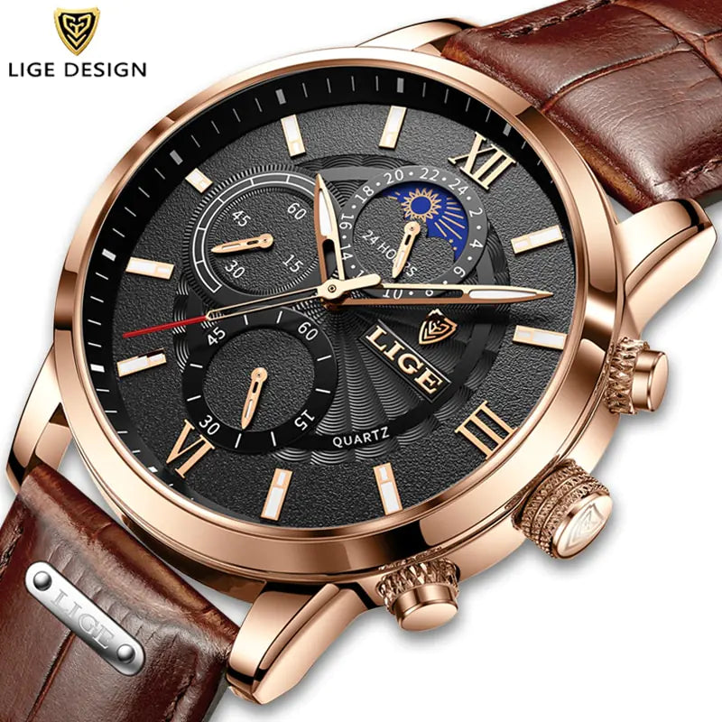 New Mens Watches LIGE Top Brand Luxury Leather Casual Quartz