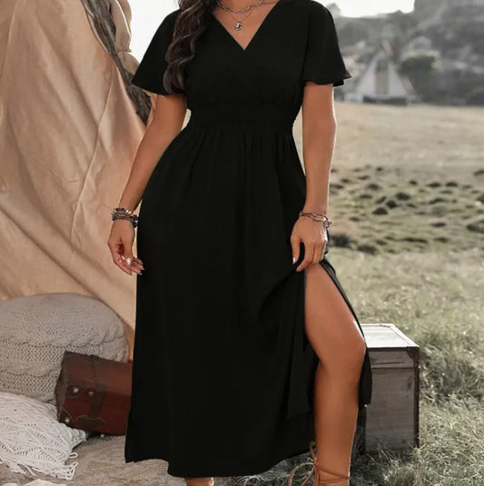 V-Neck Bell Sleeve Slit Long Dress