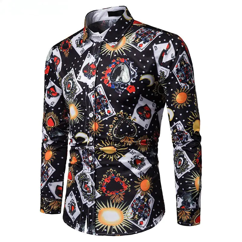 Men Playing Cards Printed Turn Collar long sleeves