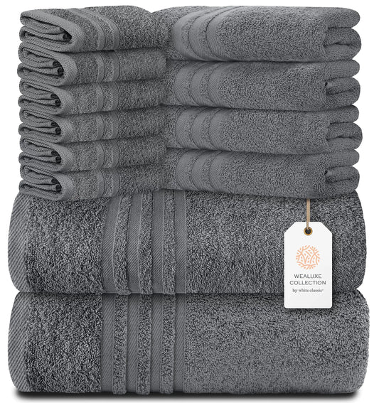 12 Pcs Set Bath Hand Towels 100% Cotton Soft  Plush Highly Absorbent Quick Gray