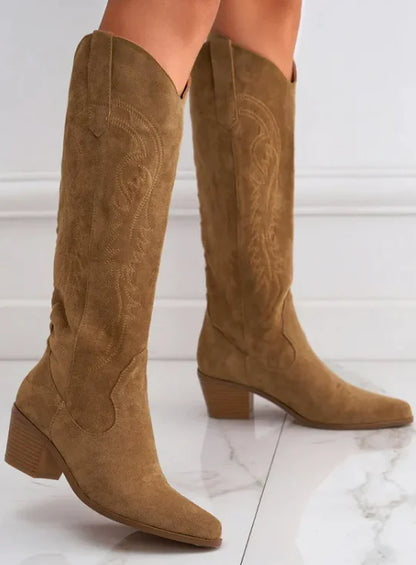 Chunky Heel Knee-high Embroidery Slip-on Middle Boots