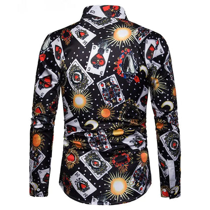 Men Playing Cards Printed Turn Collar long sleeves