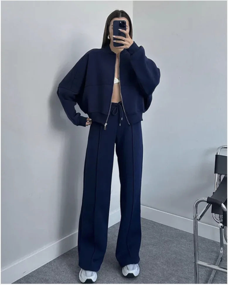 Solid Color Zip-Up Sweater and Casual Trousers Set