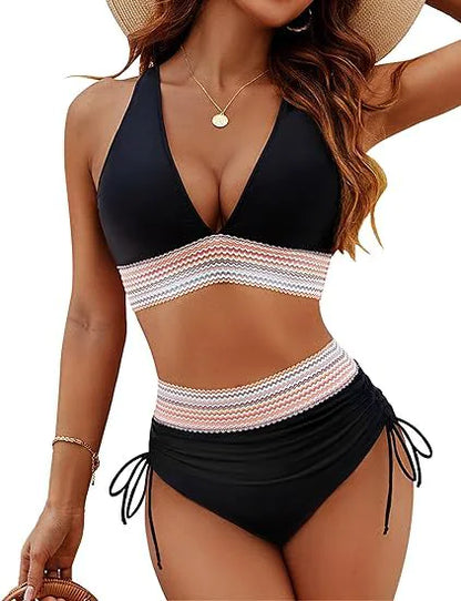 Bikini Set With Color Blocking Drawstring Swimsuit