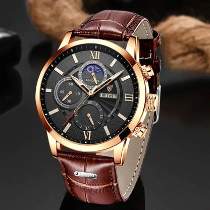 New Mens Watches LIGE Top Brand Luxury Leather Casual Quartz