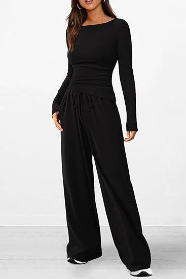 Casual Suit Long-sleeved T-shirt Wide-leg Pants 2 Pieces Set