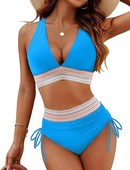 Bikini Set With Color Blocking Drawstring Swimsuit