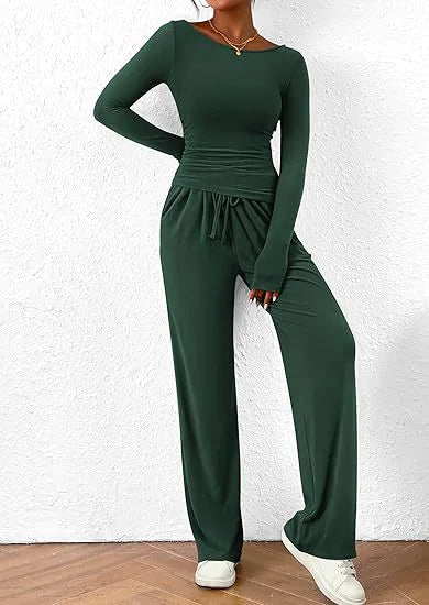 Casual Suit Long-sleeved T-shirt Wide-leg Pants 2 Pieces Set