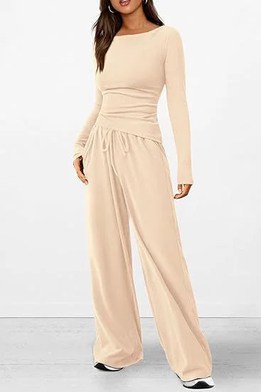 Casual Suit Long-sleeved T-shirt Wide-leg Pants 2 Pieces Set