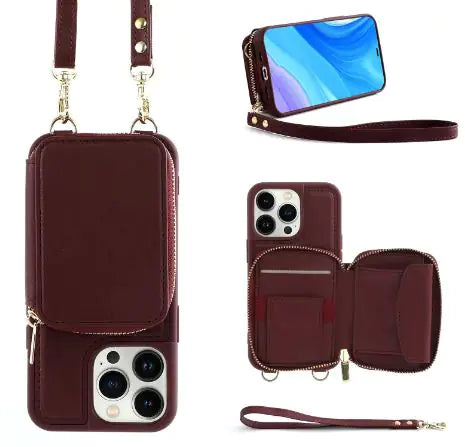 Crossbody Leather Case with Zipper & Card Holder for Iphone