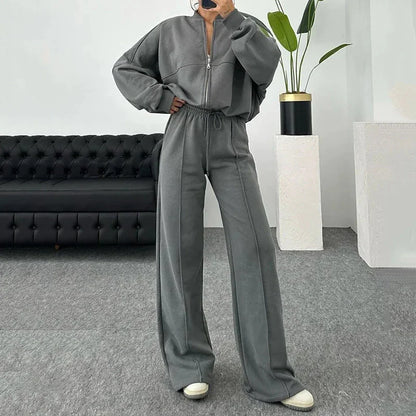 BASIC Solid Color Zip Sweater and Trousers Suit for Women 2 Piece Set