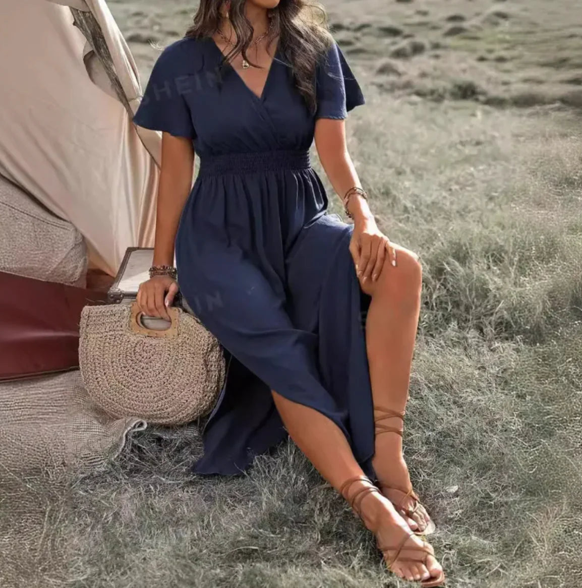 V-Neck Bell Sleeve Slit Long Dress